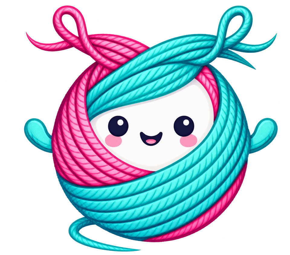 Yarny, Threadling's mascot: a smiling ball of pink and teal yarn with two small arms
